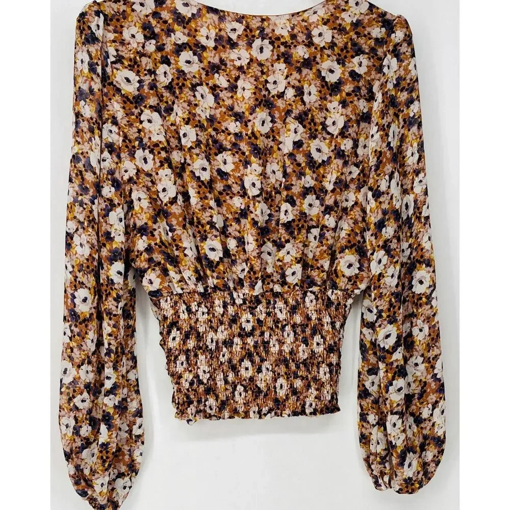 ASTR The Label Womens Floral Cottage Ruched Blouse Sz L Puff Sleeve Dainty